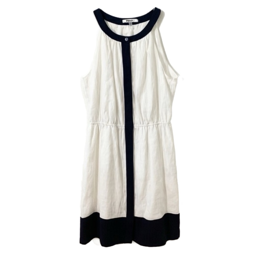 DKNYC Linen Sleeveless Button Front Dress Pockets Elastic Waist Fully Lined 🟦⬜️